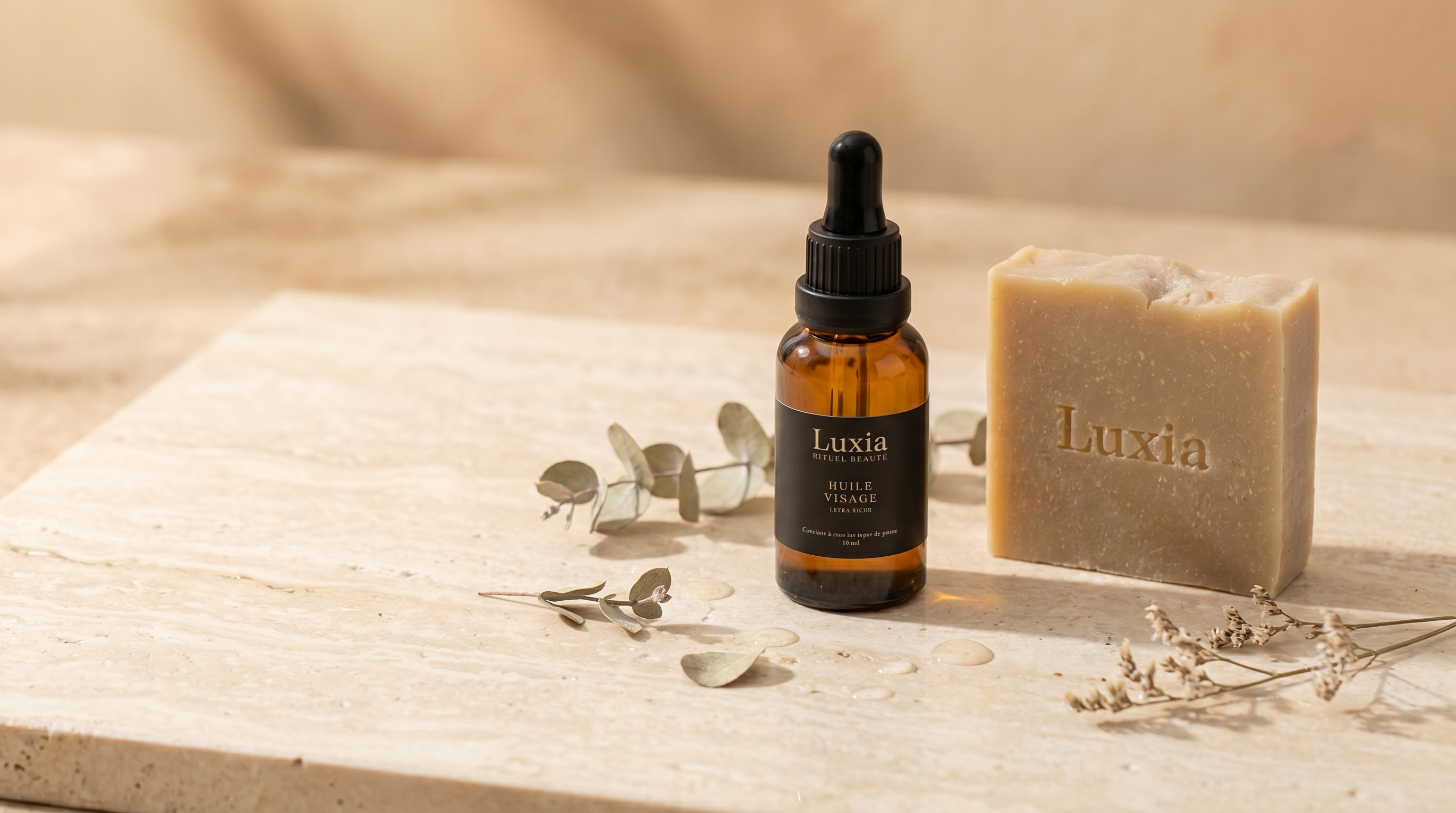 Huile visage et savon Luxia sur pierre crème — rituel beauté naturel